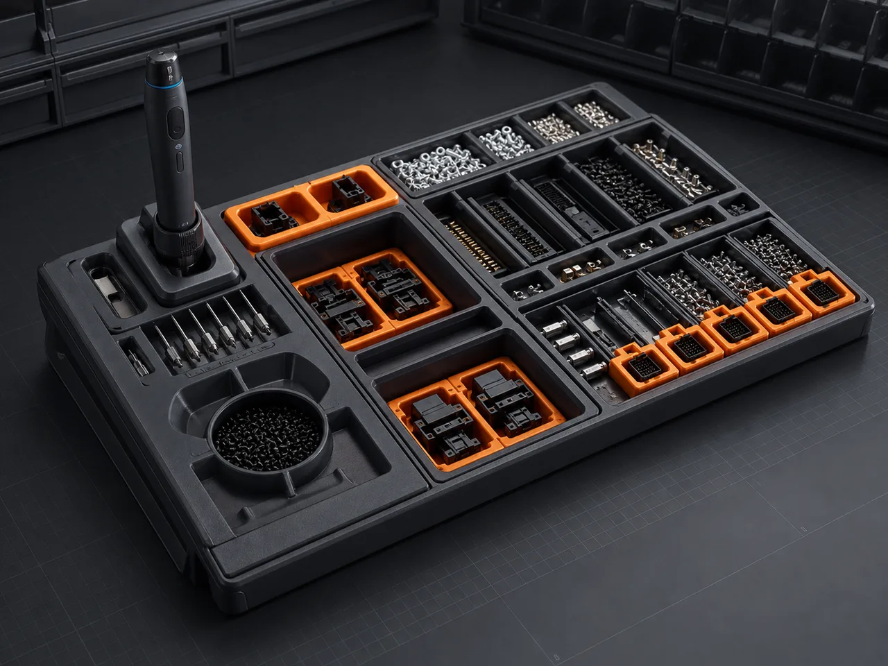Concept render of a graphite electronics assembly tray with orange error-proofing nests