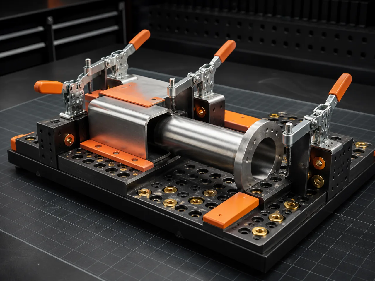 Concept render of a modular adhesive and masking fixture with orange replaceable blocks
