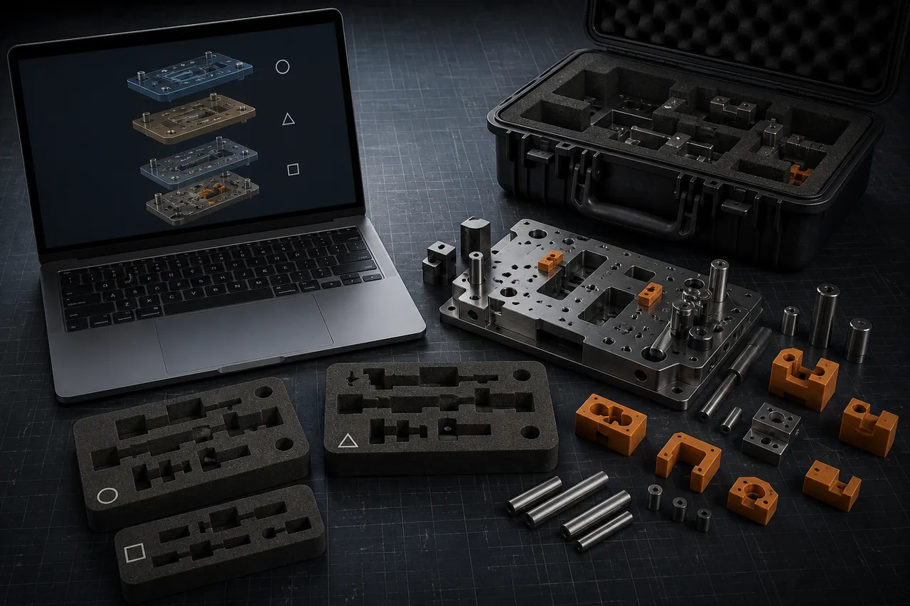 Concept render of revision-controlled fixture spares with orange locators and a digital archive