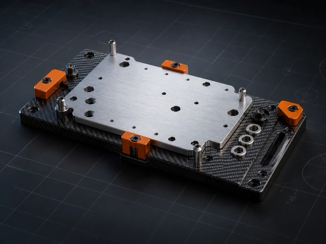 Concept render of a graphite drilling and alignment guide with orange datum stops