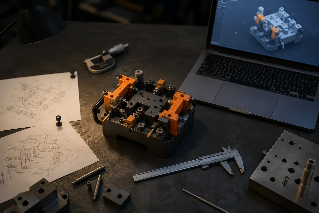 Concept render of a Fixture Sprint prototype beside calipers and CAD work