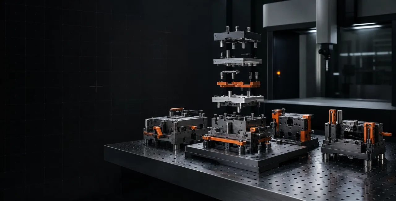 Pre-launch concept poster showing precision production fixtures in an industrial studio