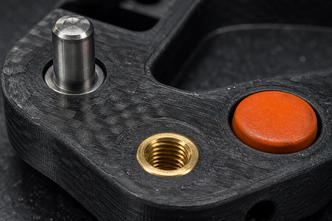 Concept render close-up of steel locator pins inserts and orange compliant fixture pads