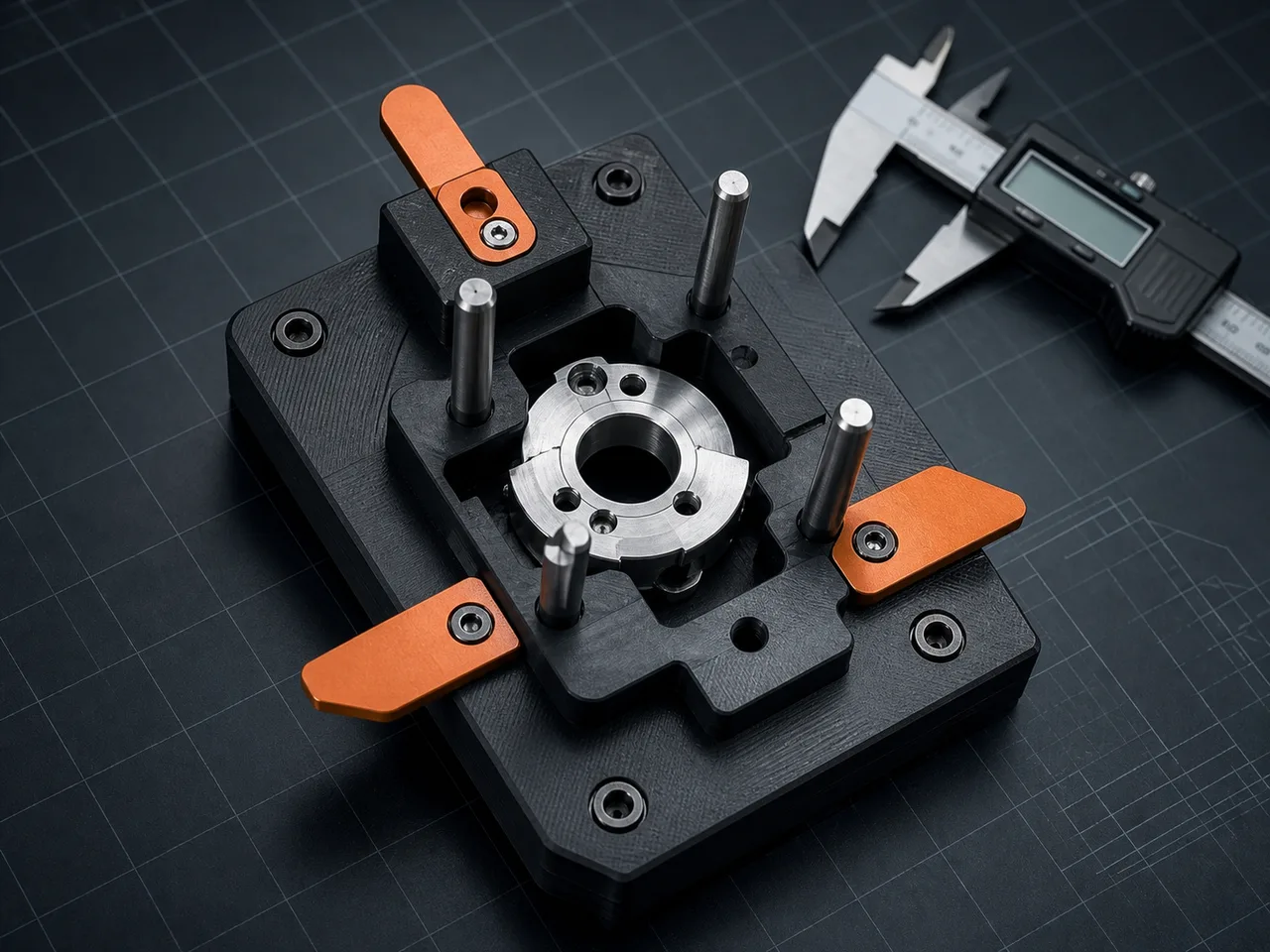 Concept render of a go/no-go inspection nest with steel gauge pins and orange tabs
