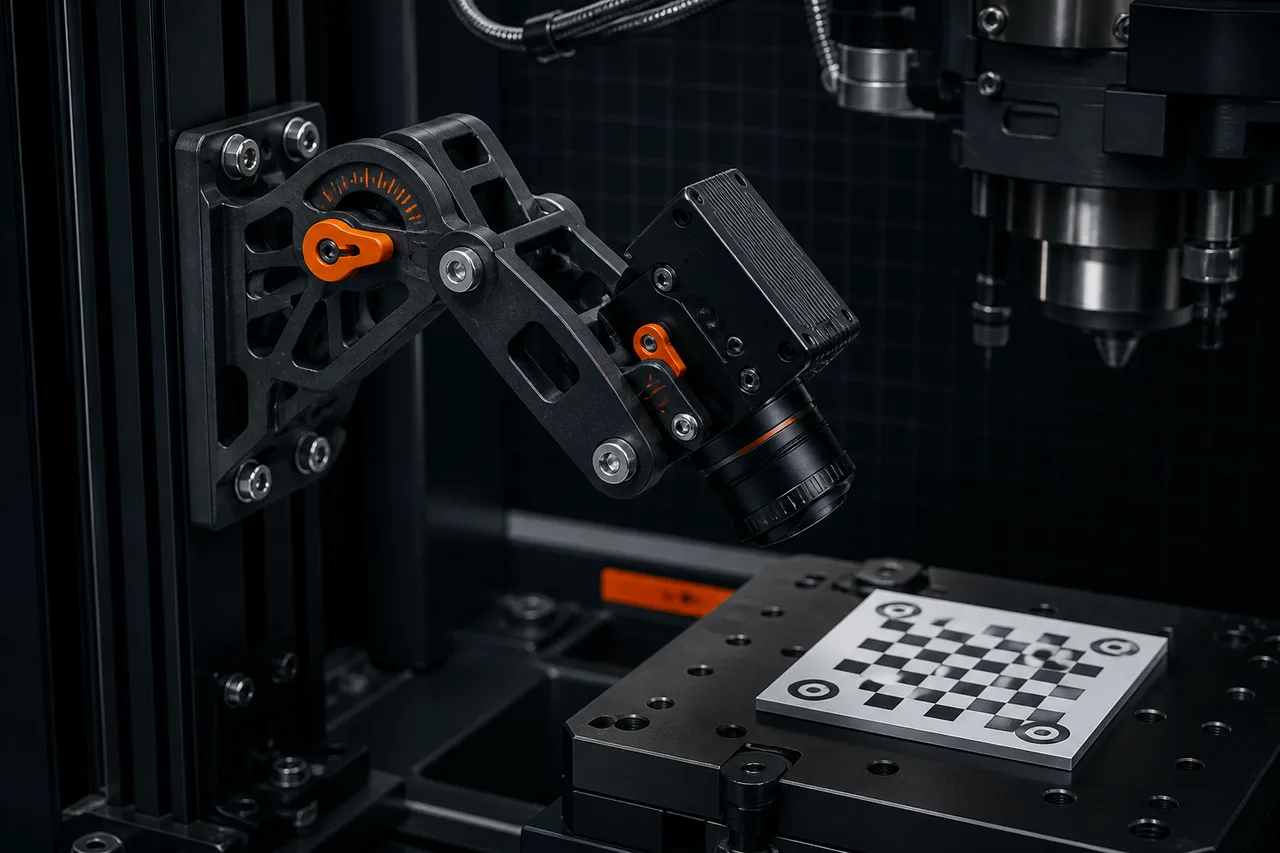 Concept render of a PA-CF machine-vision camera mount with orange adjustment index