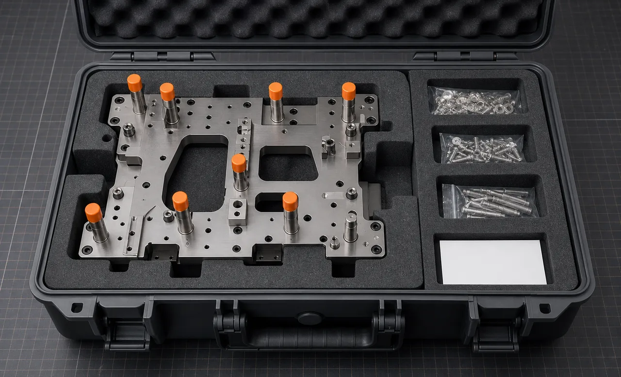 Concept render of a graphite fixture packed with orange protective caps and revision compartments