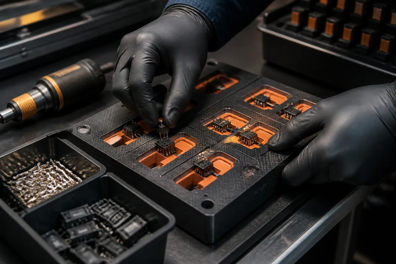 Concept render of a gloved technician trialling an orange and graphite assembly nest