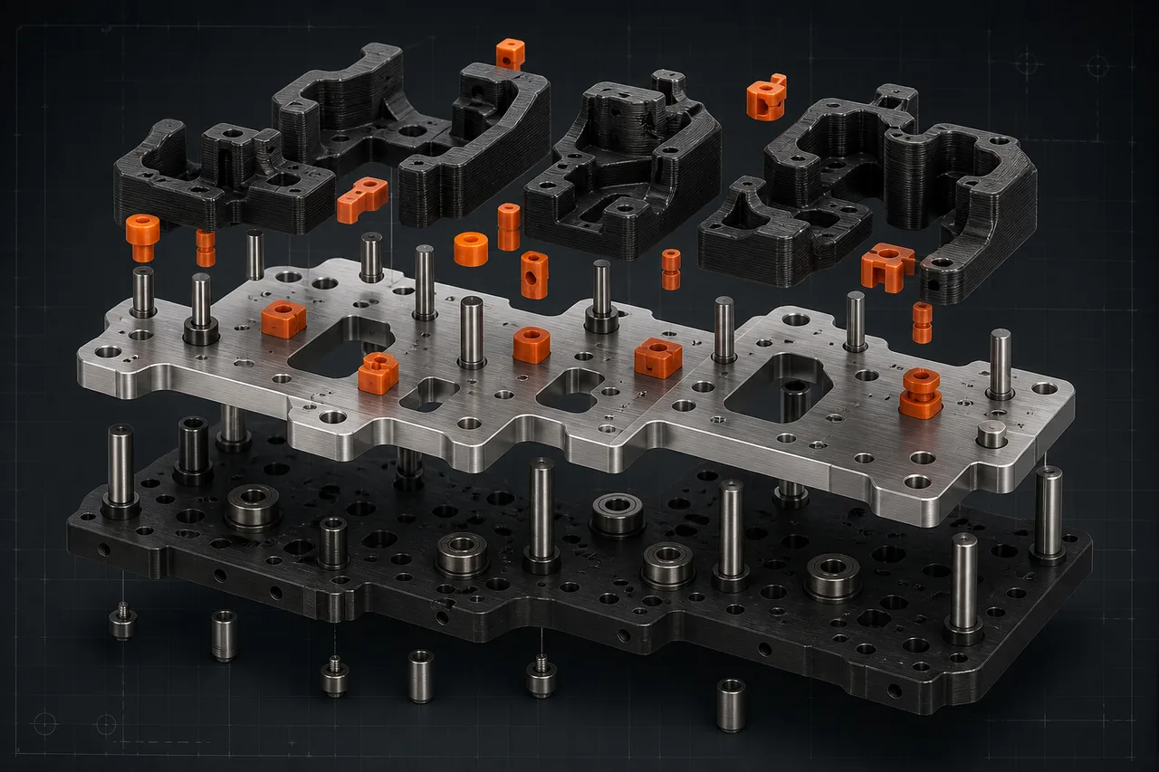 Concept render of an exploded production-cell fixture family with orange modular nests