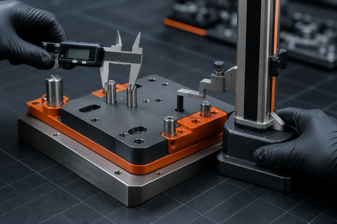 Concept render of a fixture engineer checking datums at a graphite inspection bench