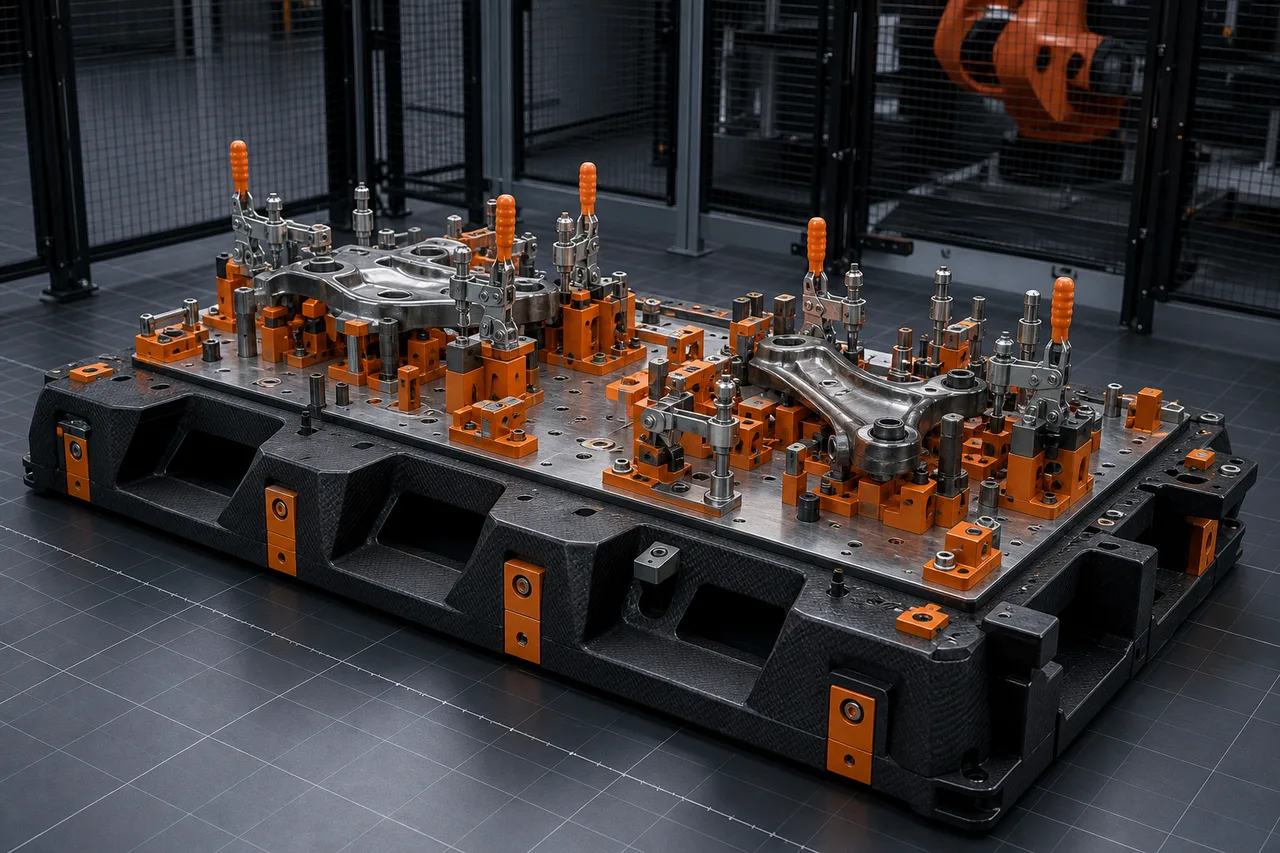 Concept render of a reinforced graphite production-cell fixture system with orange nests