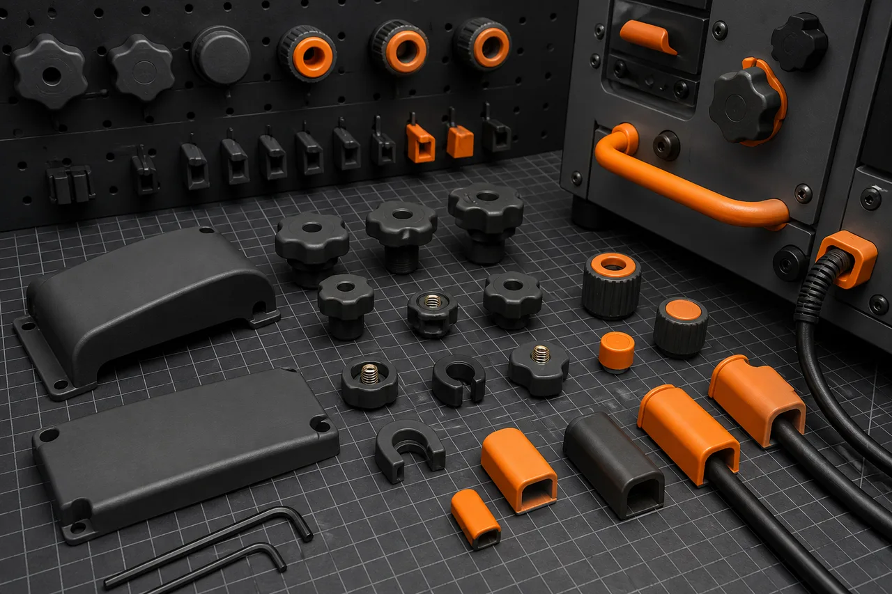 Concept render of replacement industrial knobs covers guides and orange protective caps